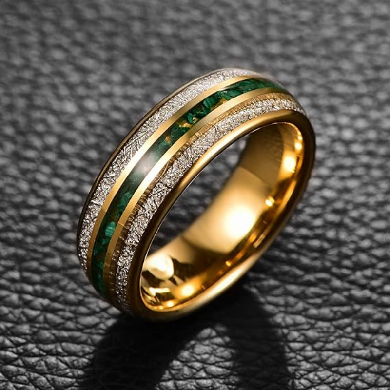 Bague en acier inoxydable avec incrustation de météorite et feuille d’or – Style luxueux