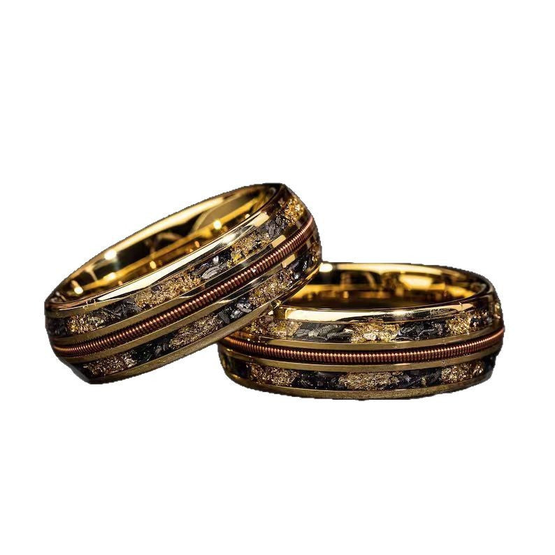 Bague en acier inoxydable avec incrustation de météorite et feuille d’or – Style luxueux