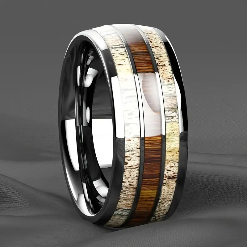 Bague en acier inoxydable avec incrustation de météorite et feuille d’or – Style luxueux