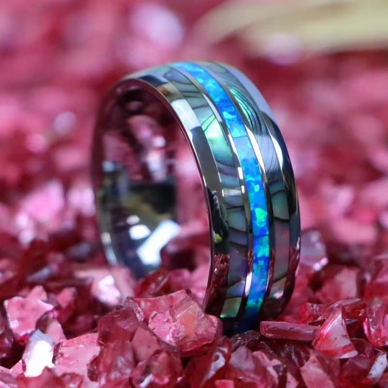 Bague en acier inoxydable avec incrustation de météorite et feuille d’or – Style luxueux