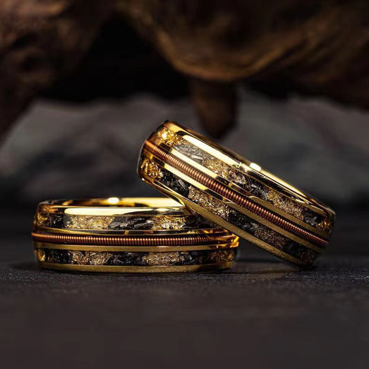 Bague en acier inoxydable avec incrustation de météorite et feuille d’or – Style luxueux