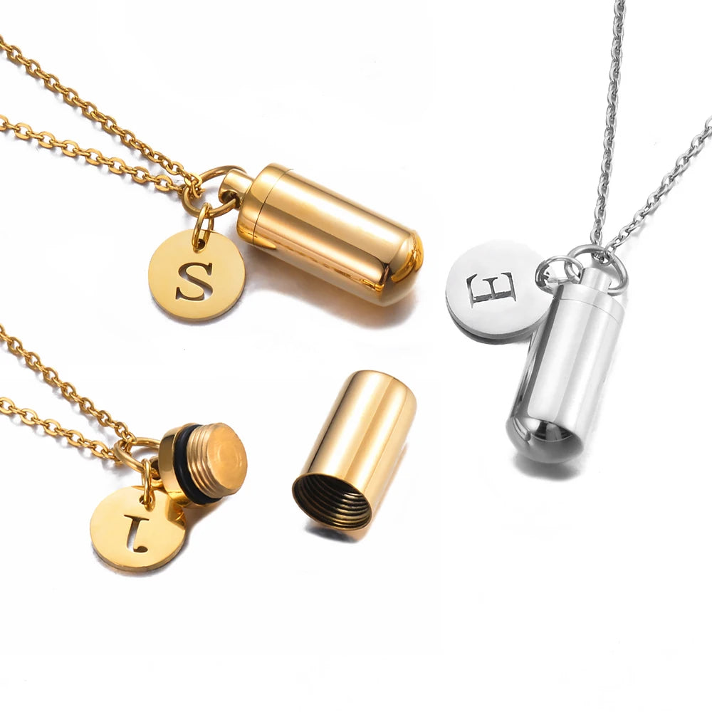 Collier Urne Cylindre Personnalisé avec Initiale – Pendentif Souvenir pour Cendres en Acier Inoxydable