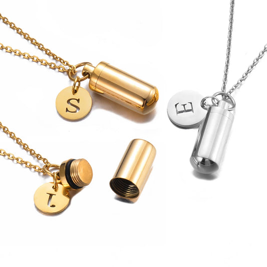 Collier Urne Cylindre Personnalisé avec Initiale – Pendentif Souvenir pour Cendres en Acier Inoxydable