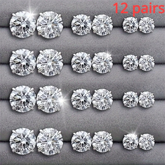 Set de 12 paires de boucles d’oreilles en acier inoxydable couleur argent avec zircon cubique (CZ). Design rond classique, léger et confortable pour un usage quotidien. Convient à toutes les occasions.