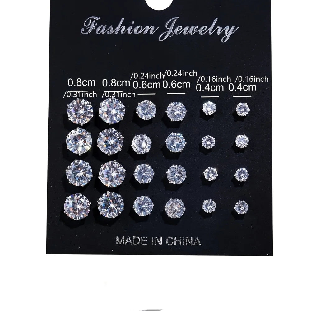Set de 12 paires de boucles d’oreilles en acier inoxydable couleur argent avec zircon cubique (CZ). Design rond classique, léger et confortable pour un usage quotidien. Convient à toutes les occasions.